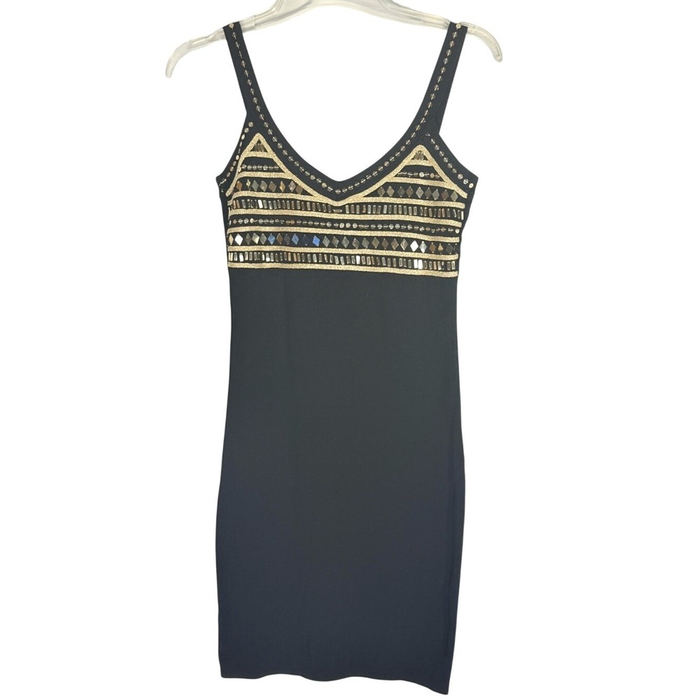 Maranda Gordon Studio Black Bandage Mini Dress Gold Geometric Embellished Large‎
